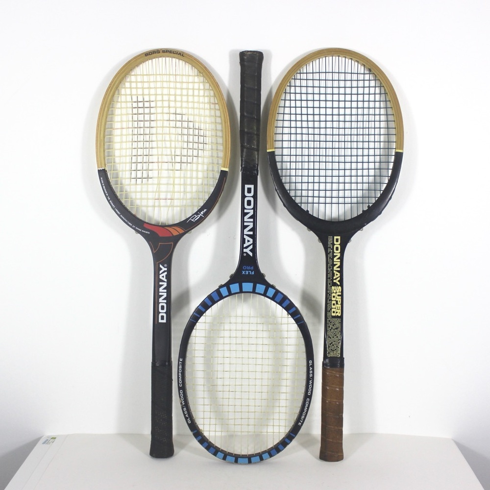 Curated Set of Black Vintage Tennis Rackets for Designer Decorating Wood Racquet